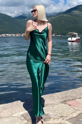 Madmext Mad Girls Yeşil Uzun Saten Elbise Mg1408 Yeşil