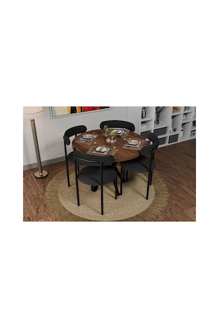 İdeal Home Mdf Yuvarlak Ceviz Masa Ve 4 Tedy Sandalye Mutfak Ve Balkon Masa Takımı Kahverengi