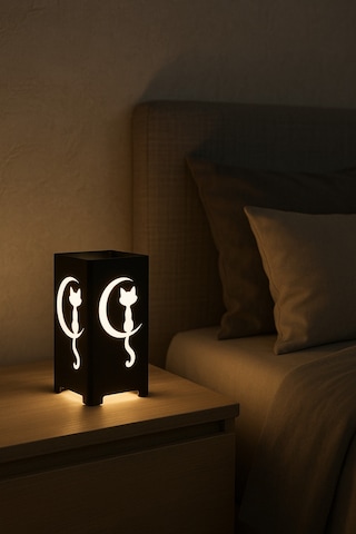 Hilal Ve Kedi Figürlü Kablolu Metal Gece Lambası Dekoratif Led Masa Lambası Hilalkedi