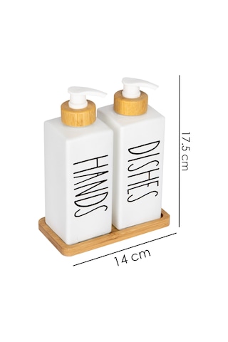 2'li Bambu Altlıklı Bambu Pompalı Kare Cam Sabunluk Deterjanlık 350 Ml Beyaz