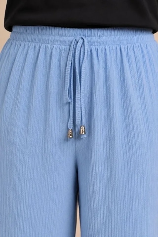 DefyModa Battal Beden Bürümcük Kumaş Beli Lastikli Bağcıklı Bol Paça Palazzo Pantolon - Bebek Mavisi