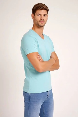 Veraura Lifestyle Erkek T-shirt V Yaka Slim Fit Dar Kesim Likralı Tişört Günlük Basic Body - Turkuvaz Turkuaz