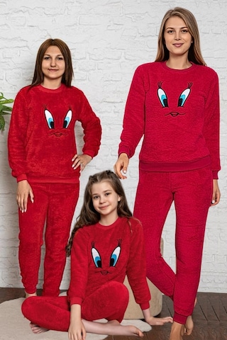 Civciv Desenli Anne Kız Çocuk Kombin Peluş Pijama Takımı Anne Kız Ayrı Satılır. Kırmızı