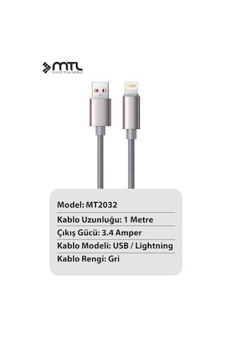 3.4a Usb To Apple Uyumlu iPhone Lightning Örgülü Alüminyum Başlıklı Hızlı Şarj Ve Data Kablosu 1 Metre Mt2032