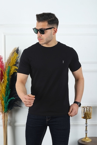 Erkek Siyah Slim Fit Bisiklet Yaka %100 Pamuk Tişört Siyah