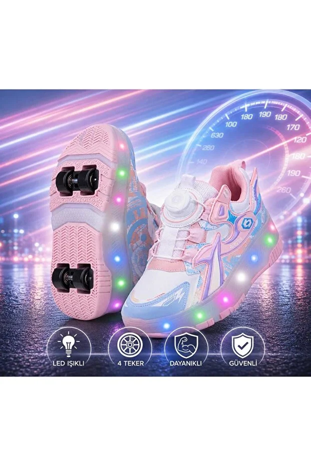 Look Life Alessio 9626 Çocuk Patenli - Işıklı - Akıllı Bağcıklı Spor Ayakkabı Pudra