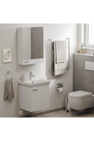 Aqua Bagno Basic Alt Dolap + Üst Dolap -lavabo Dahil-beyaz ,50 Cm. 3 Parça Beyaz