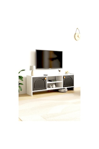 Molde Bohem Tv Sehpası Mdf Membran Kapaklı Raflı Tv Ünitesi Televizyon Sehpası Beyaz - Antrasit