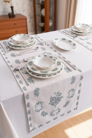 Flowers Green Keten Runner-7527 Çok Rekli