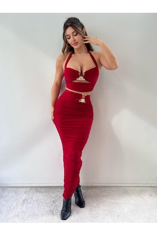 Pink Life Kırmızı Toka Detaylı Midi Boy İkili Takım