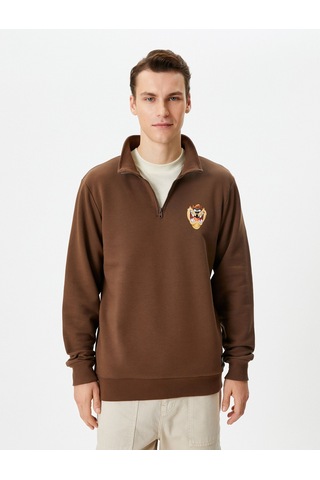 Koton Tazmanya Canavarı Sweatshirt Yarım Fermuarlı Lisanslı Baskılı Şardonlu Kahverengi 4wam70363mk Kahve