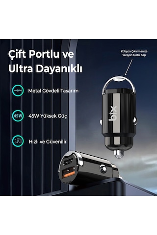 Bix Bxccp45w 45w Type-c Usb-a Çift Çıkışlı Metal Araç Şarj Cihazı