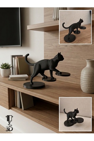 Minimalist Yürüyen Siyah Kedi Figürü - Tv Ünitesi, Kitaplık Ve Konsol Dekorasyonu