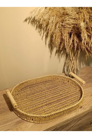 Hasır Rattan Bambu Kulplu Örme Tepsi Geniş Boy Oval Diğer