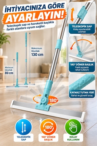 180 Döner Başlıklı Teleskopik Yer Sileceği 35 Cm Cam Banyo Mutfak Zemin Su Çekme Aparatı Pratik Mop