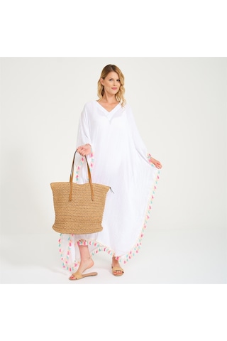 Püskül Detaylı V Yaka Uzun Plaj Elbisesi Beyaz-Standart Beyaz