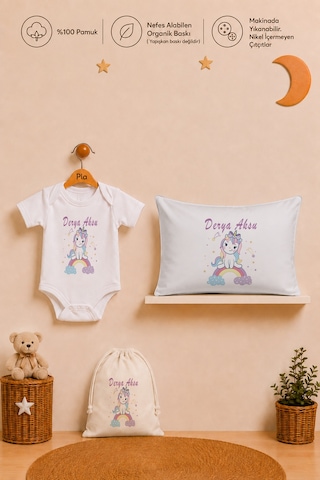 Pia Baby Kız Bebek İsme Özel Hediye Seti %100 Pamuk Body Yastık Kılıfı Ve Ham Bez Bebek Kıyafet Kesesi 2046byk6x Ekru