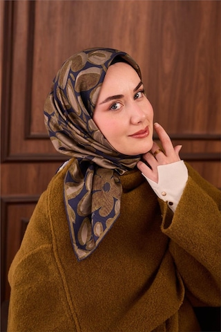 Silk Home Twill İpek Eşarp Lacivert Yeşil Vizon Papatya Desenli Tok Duruşlu 90x90 Çok Renkli