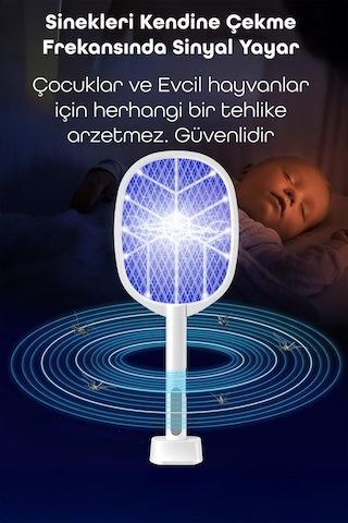 Usb Şarjlı Uv Işıklı Elektrikli Sivrisinek Öldürücü Raket Sinek Öldürücü Arı Sivri Sineksavar 806l Beyaz