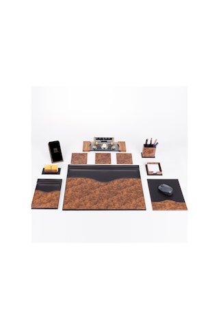 9 Parça Kök Ağaç Ahşap Desen Siyah Lüks Sümen Takımı Elit Kristal Ofis Masa İsimliği Sümen Seti