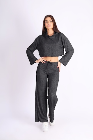 Soft&Basic Kadın Eşofman Takımı Kapüşonlu Sweatshirt Ve Geniş Paça Antrasit Pantolon Eşofman Gri