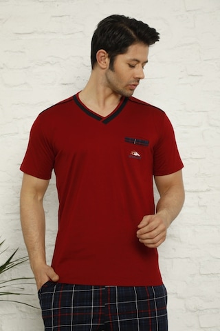 Alimer Erkek V Yaka Ekose Desen %100 Pamuk Kısa Kol Cepli Pijama Takımı Bordo