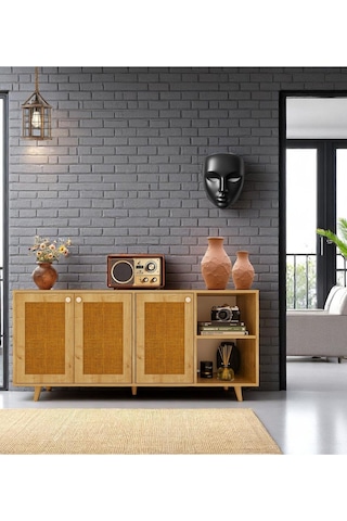 Floradesign Bali Jute Konsol / Konsol / Çok Amaçlı Dolap 160 Cm Mdf Kapaklı Meşe