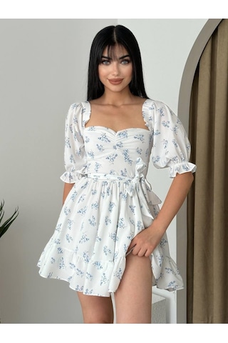 Etiler Collection Rucka Belden Bağlamalı Mini Elbise Mavi - Beyaz