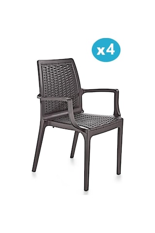 Omnipazar Sy-2524 Örgü Desenli Rattan Bahçe Koltuk Sandalye 4'lü Set Kahverengi Kahverengi