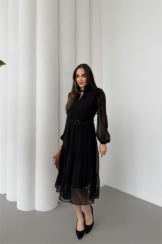 Neşeli Butik Kadın Siyah Beli Kemerli Midi Boy Şifon Elbise Nbelb02 Siyah