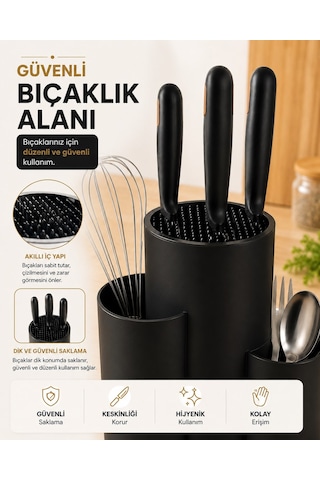 Tezgah Üstü Bölmeli Bıçaklık - Kaşık Kepçe Bıçak Standı Mutfak Düzenleyici Organizer Kaşıklık Siyah S-10137
