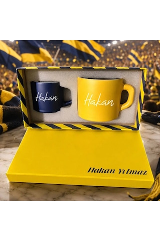Bk Gift Kişiye Özel İsimli Kutulu Sarı Lacivert Taraftar Renkleri Temalı İkili Seramik Kupa&fincan Seti-2 Çok Renkli