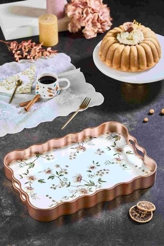 Dijital Baskılı Cam Servis Tepsisi Çiçek Motifli Bakır Renk , 40x28 Cm