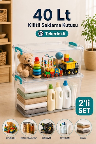 2'li Set 40 Lt Tekerlekli Kilitli Saklama Kutusu Çok Amaçlı Düzenleyici Hırdavat Oyuncak Erzak Kabı
