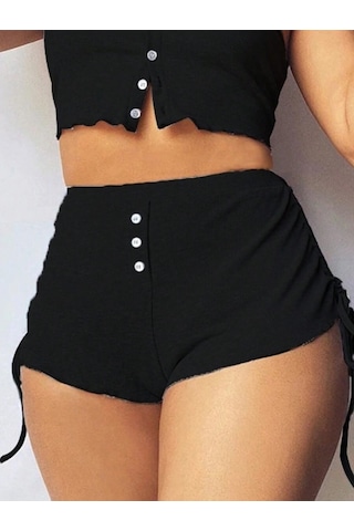 Munn Collection Kadın Ip Askılı Crop Bluz Ve Yanlardan Büzgülü Ikili Kaşkorse Short Takım Siyah