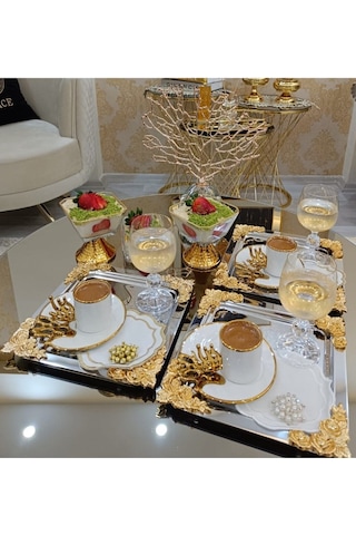 Atabey Home Collection 1 Adet Kahve & Çay & Sunum Tepsisi Tekli Metal Döküm Gül Model