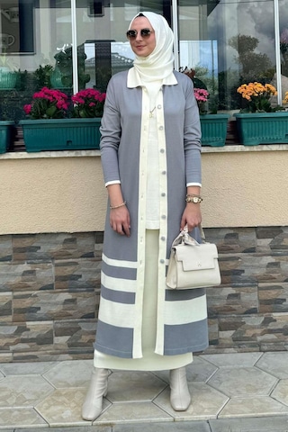 İmge Çizgili Triko Hırka Gri Çok Renkli