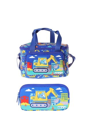 Kaukko Kids Erkek Çocuk Dinazor Ve İş Makinesi Baskılı Mavi - Sarı Thermo Beslenme Çantası Ve Kalemlik Seti - Setkk-l5370