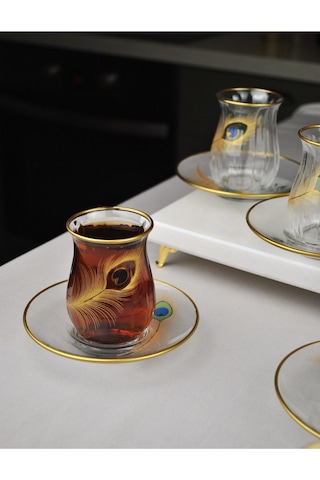 12 Parça 6 Kişilik Lüx Cam Çay Seti Gold Detaylı Altın Renk İşlemeli Lüks Çay Takımı Altın