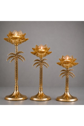 Palmiye Desenli Gold Cam Lotus Şamdan 3 Boy Dekoratif Mumluk Amber - Gold