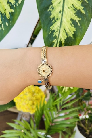 Allmisse Nazar Boncuklu Arpa Desenli Tuğra Detaylı Çelik Bileklik Altın