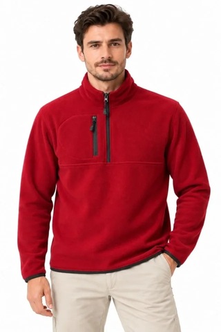 Butik İstanbul Erkek Polar Dik Yaka Yarım Fermuarlı Fermuarlı Göğüs Cepli Regular Fit Kışlık Sweatshirt - Bordo