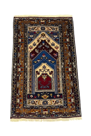 El Dokuma Sıfır Yahyalı Halısı 110x187 Kemerli Model Kök Boya %100 Yün Halı Lacivert