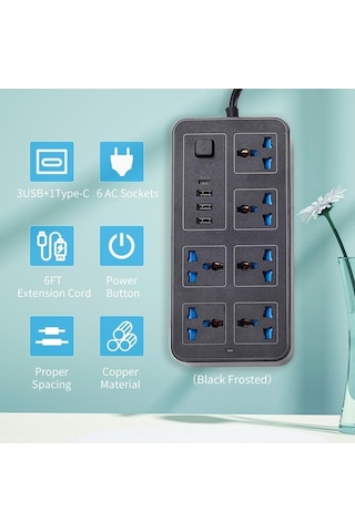 Pazly 6 Ac Soketli 3 Usb Tip C Güç Şeridi 6ft Uzatma Kablosu Ev Aşırı Gerilim Koruyucu Beyaz Eu Plug 1.8 M
