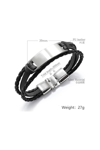 Tesbihane Minimal Tasarım Siyah Deri & Gümüş Renk Plaka Kişiye Özel İsim Harf Yazılı Bileklik