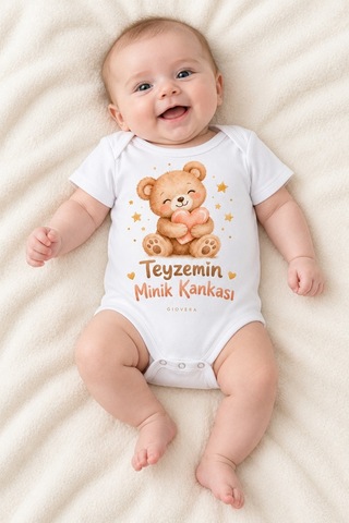 Gıovera Teyzemin Minik Kankası Ayıcık Baskılı Beyaz Kısa Kollu Pamuklu Bebek Zıbın Body