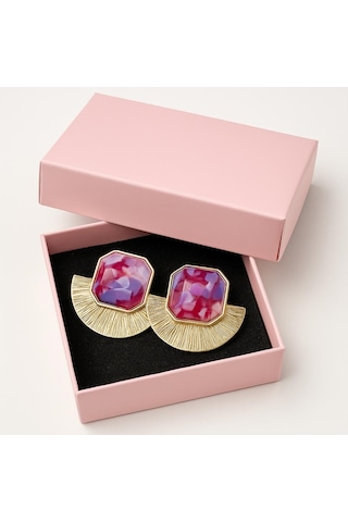 Pembe Mor Taş Detaylı Altın Renkli Modern Küpe Çok Renkli