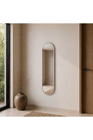 Modern Oval Boy Aynası 40x120 Cm Minimalist Çerçeveli Dekoratif Duvar Aynası 2026 Trend Gümüş