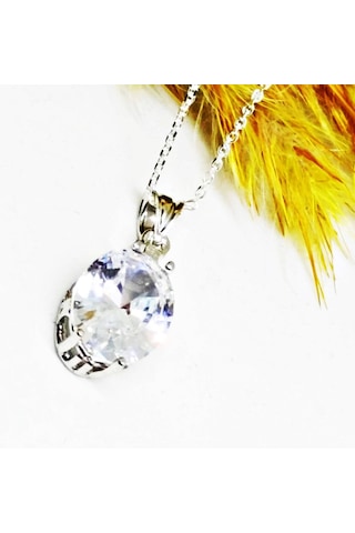 Lilahgümüştr Gümüş Oval Beyaz Taşlı Kadın Kolye Küpe