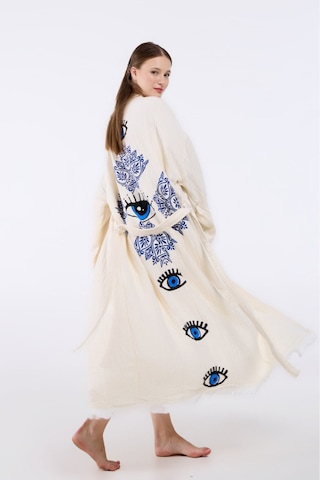 Befera Müslin Kimono Pamuklu Etnik Göz Baskılı Desenli Bornoz Kaftan Sabahlık Ekru